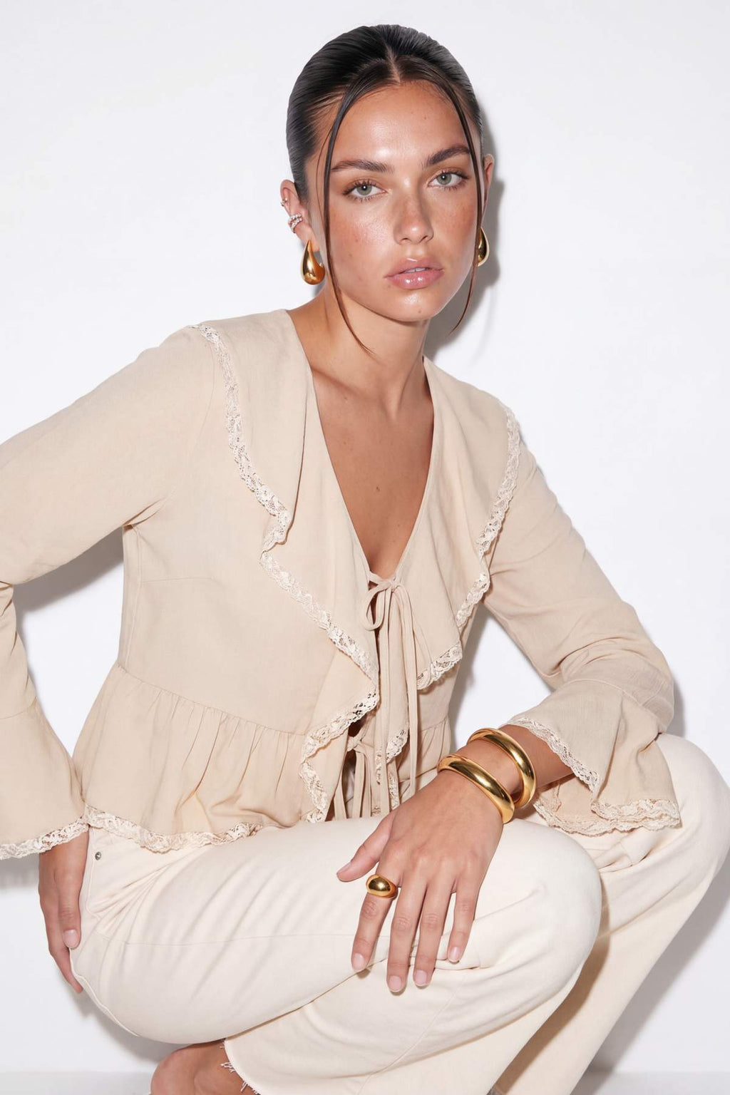 V Neck Long Sleeve Tie Front Lace Detail Blouse