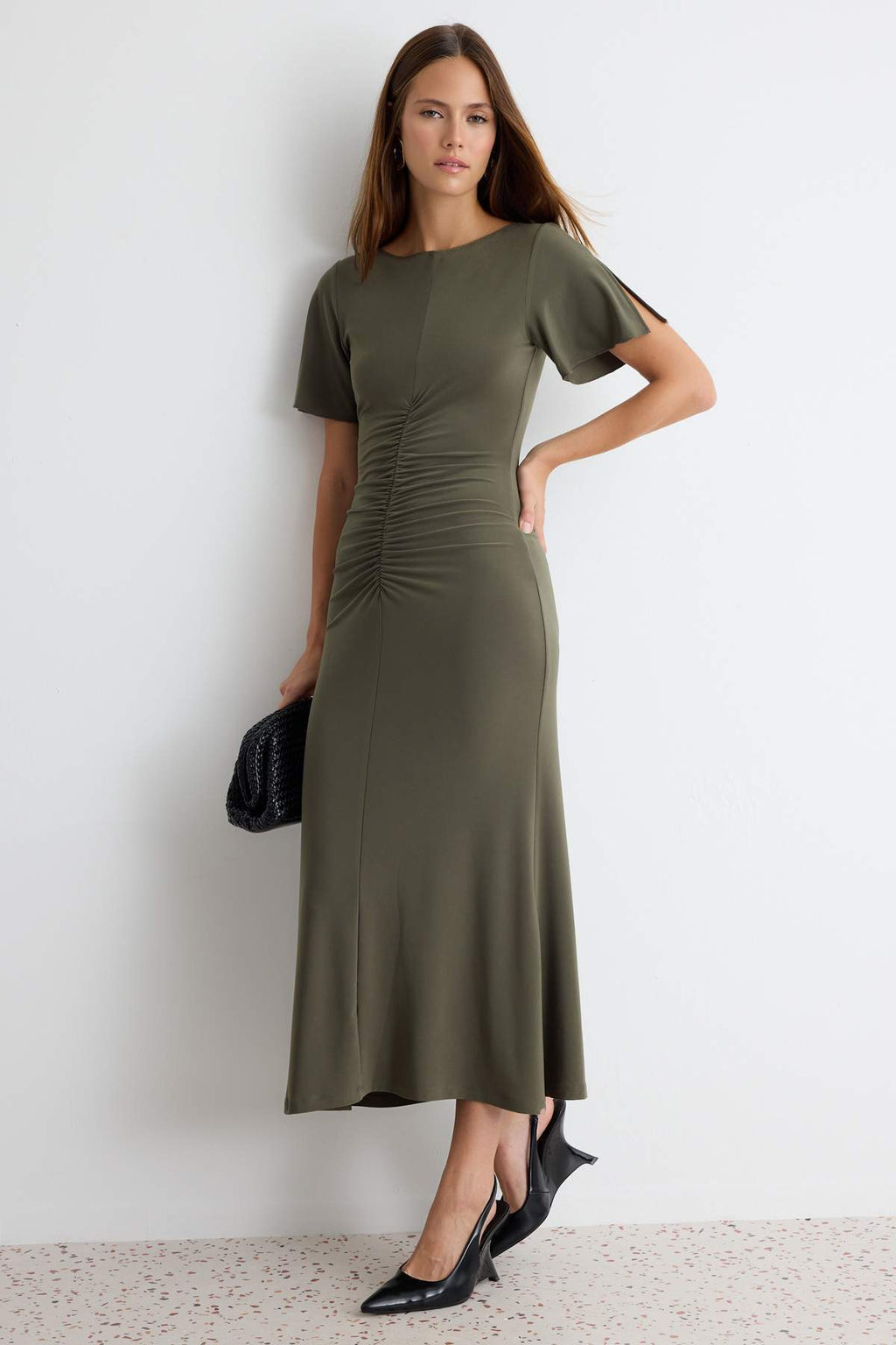 Boat Neck Short Sleeve Ruched Midi Bodycon Dress