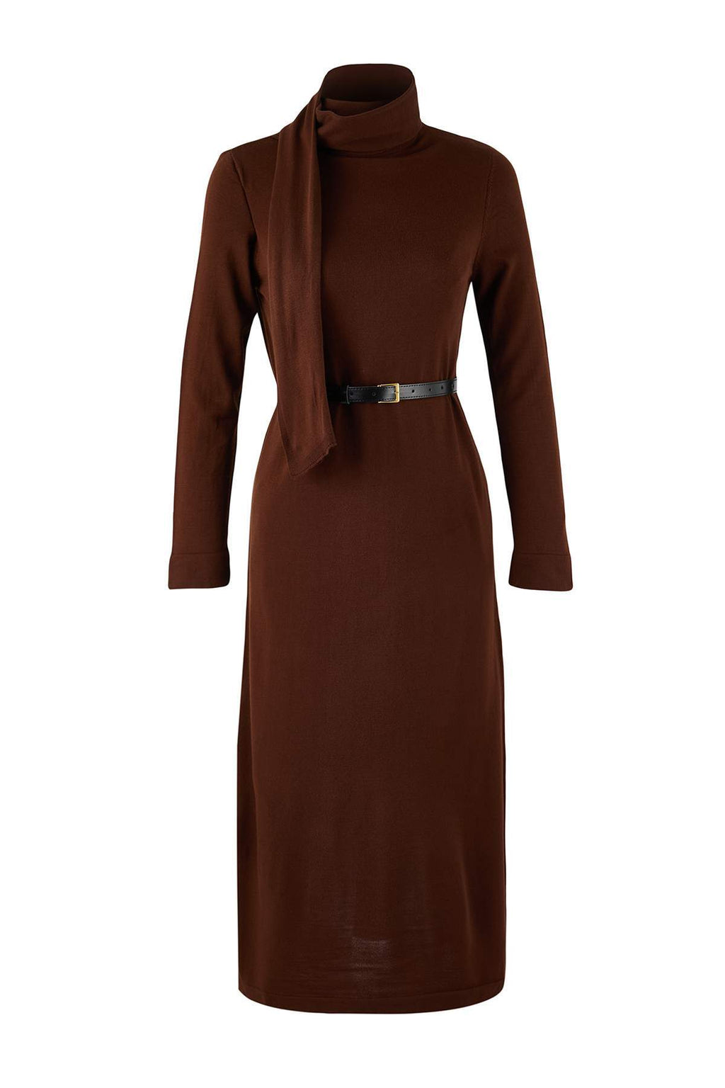 Shawl Collar Leather Belt Detail Long Sleeve Knit Maxi Dress