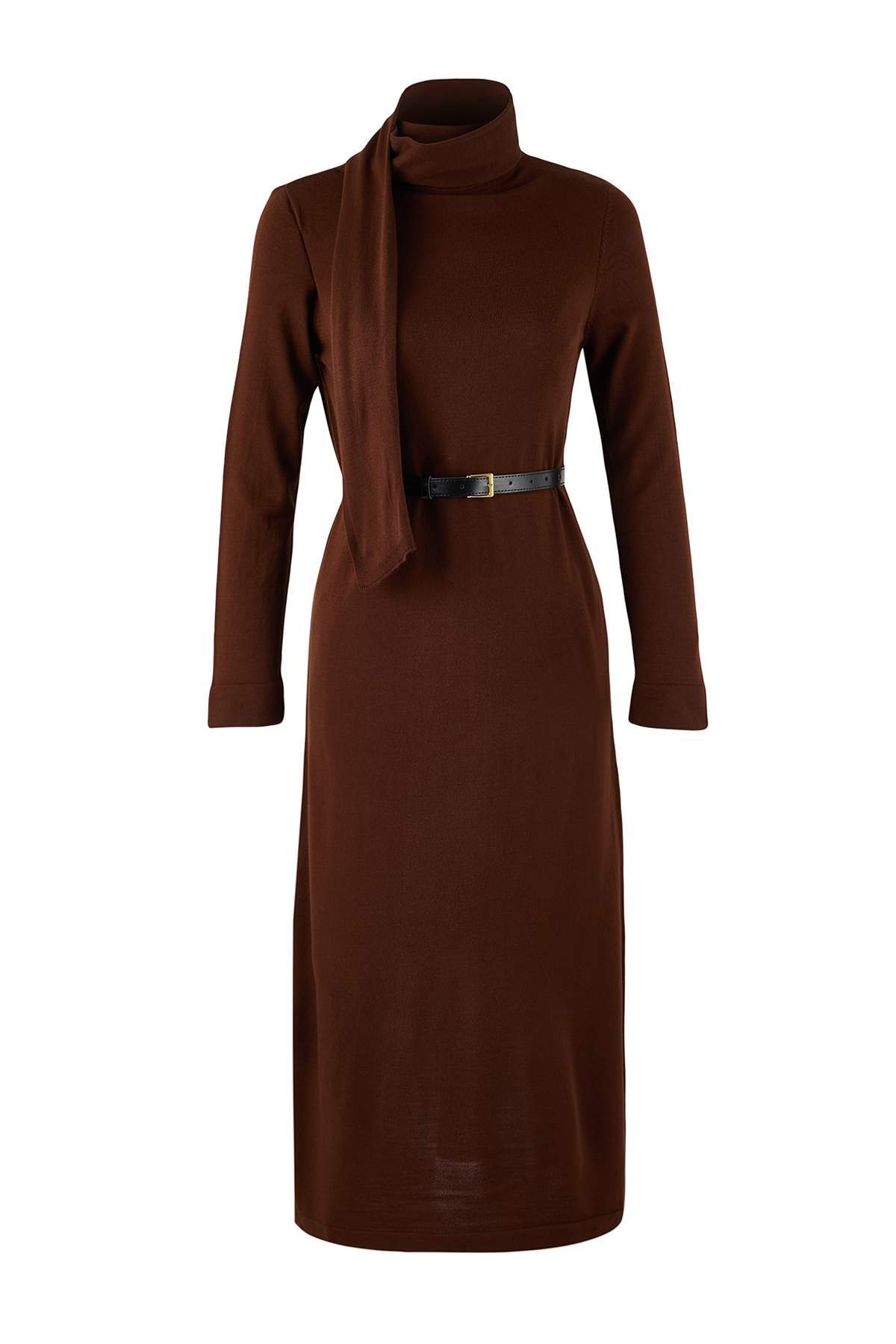 Shawl Collar Leather Belt Detail Long Sleeve Knit Maxi Dress