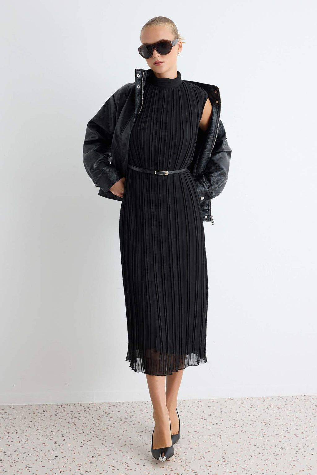 High Neck Sleeveless Belted Pleated Midi Dress