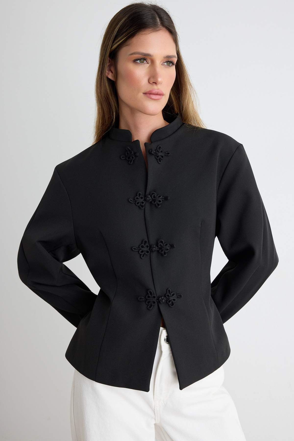 Button Detail Fitted Blazer Jacket