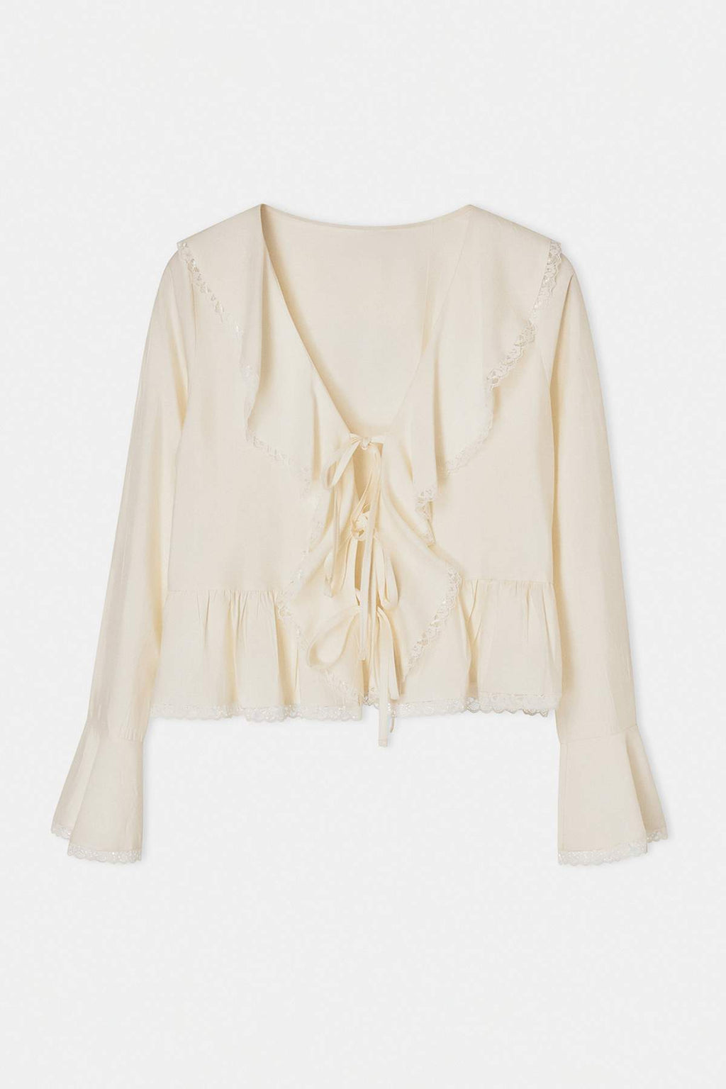 V Neck Long Sleeve Tie Front Lace Detail Blouse