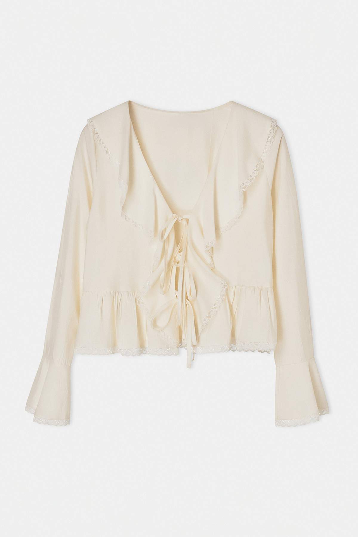 V Neck Long Sleeve Tie Front Lace Detail Blouse