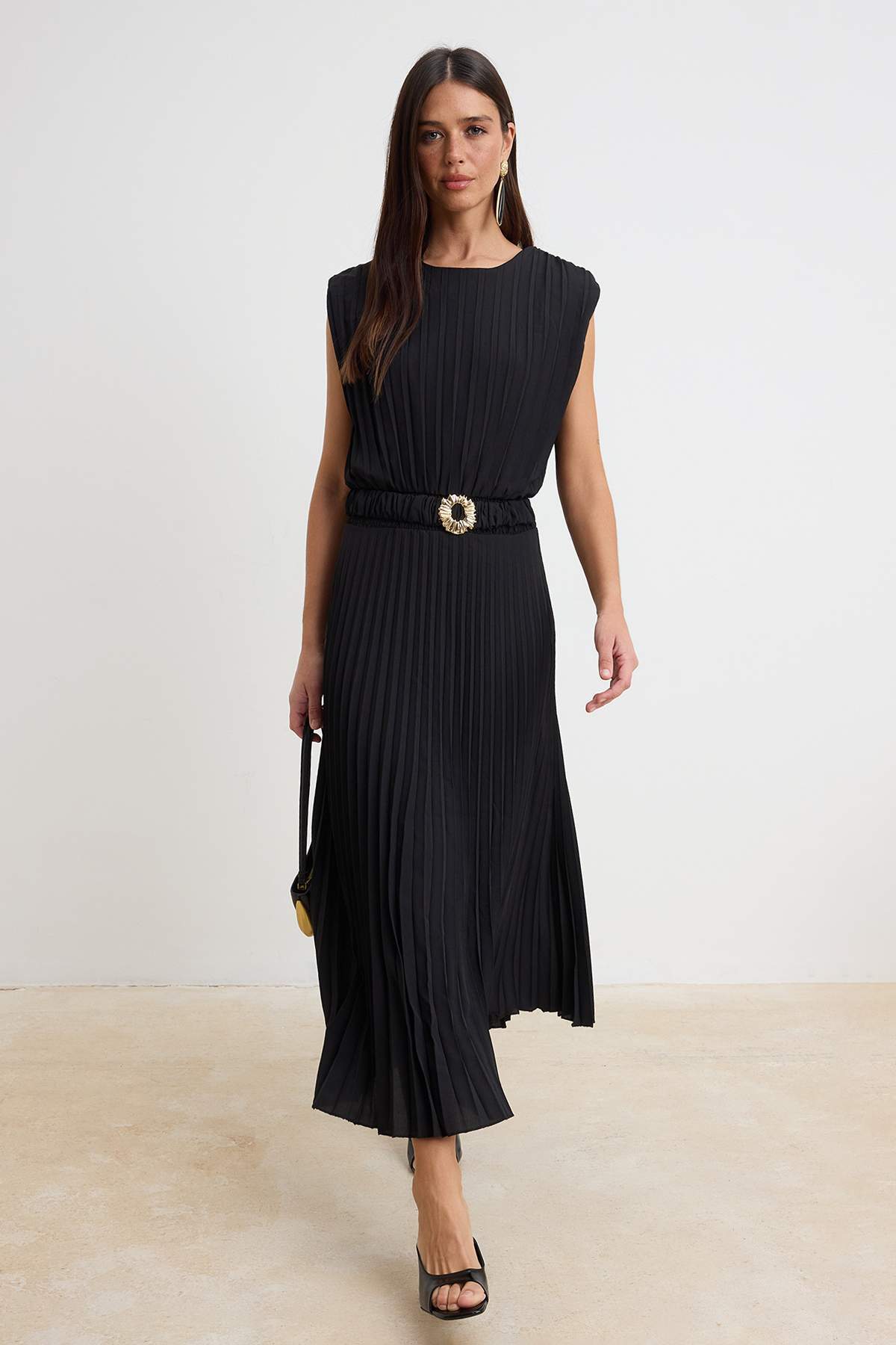 High Neck Sleeveless Pleated Belted Maxi Dress
