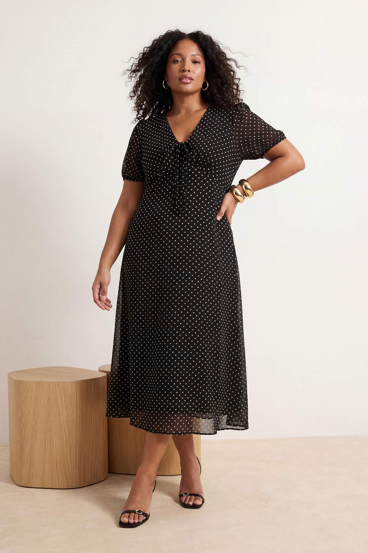 V Neck Balloon Sleeve Tiered Midi Dress