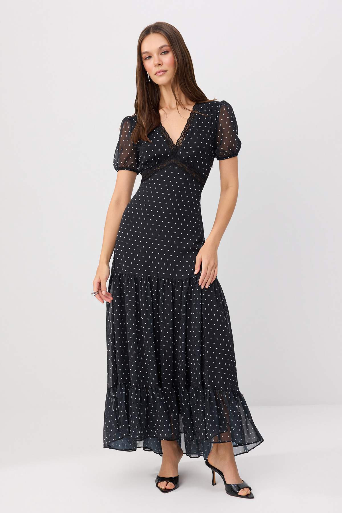 V Neck Balon Sleeve Skater Maxi Dress