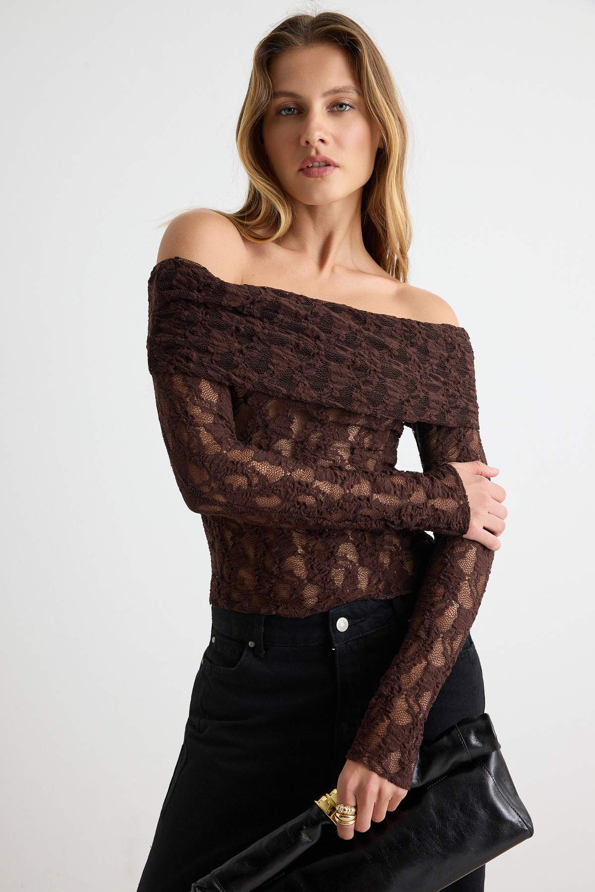 Fitted Carmen Neck Long Sleeve Lace Knit Blouse