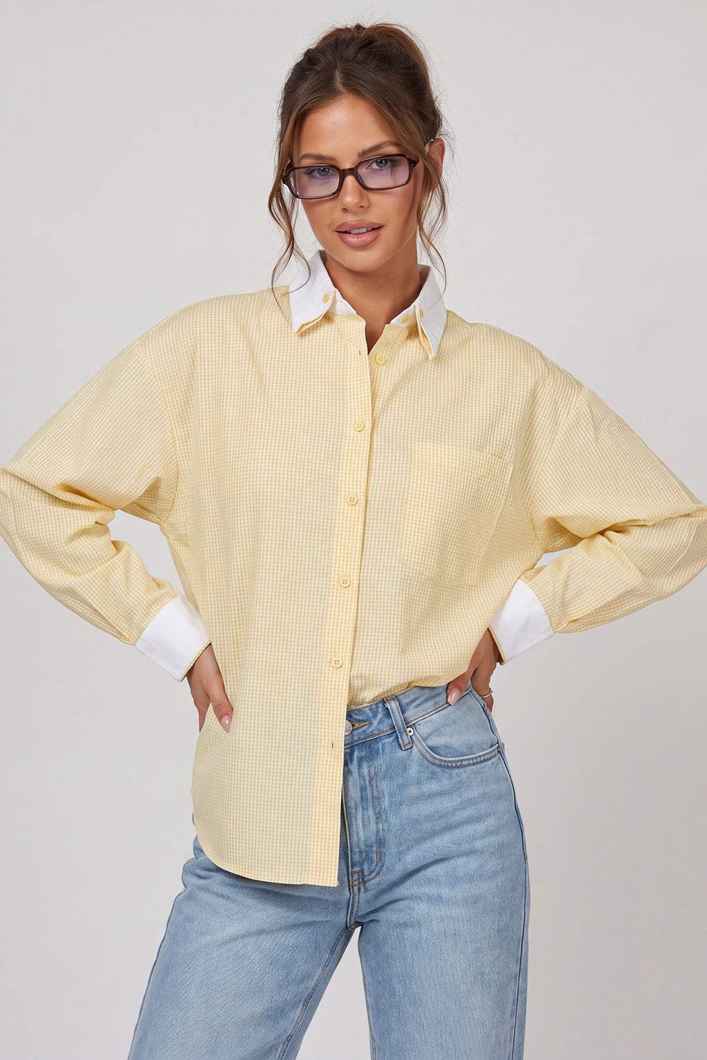 Contrast Collar Oversized Long Sleeve Shirt
