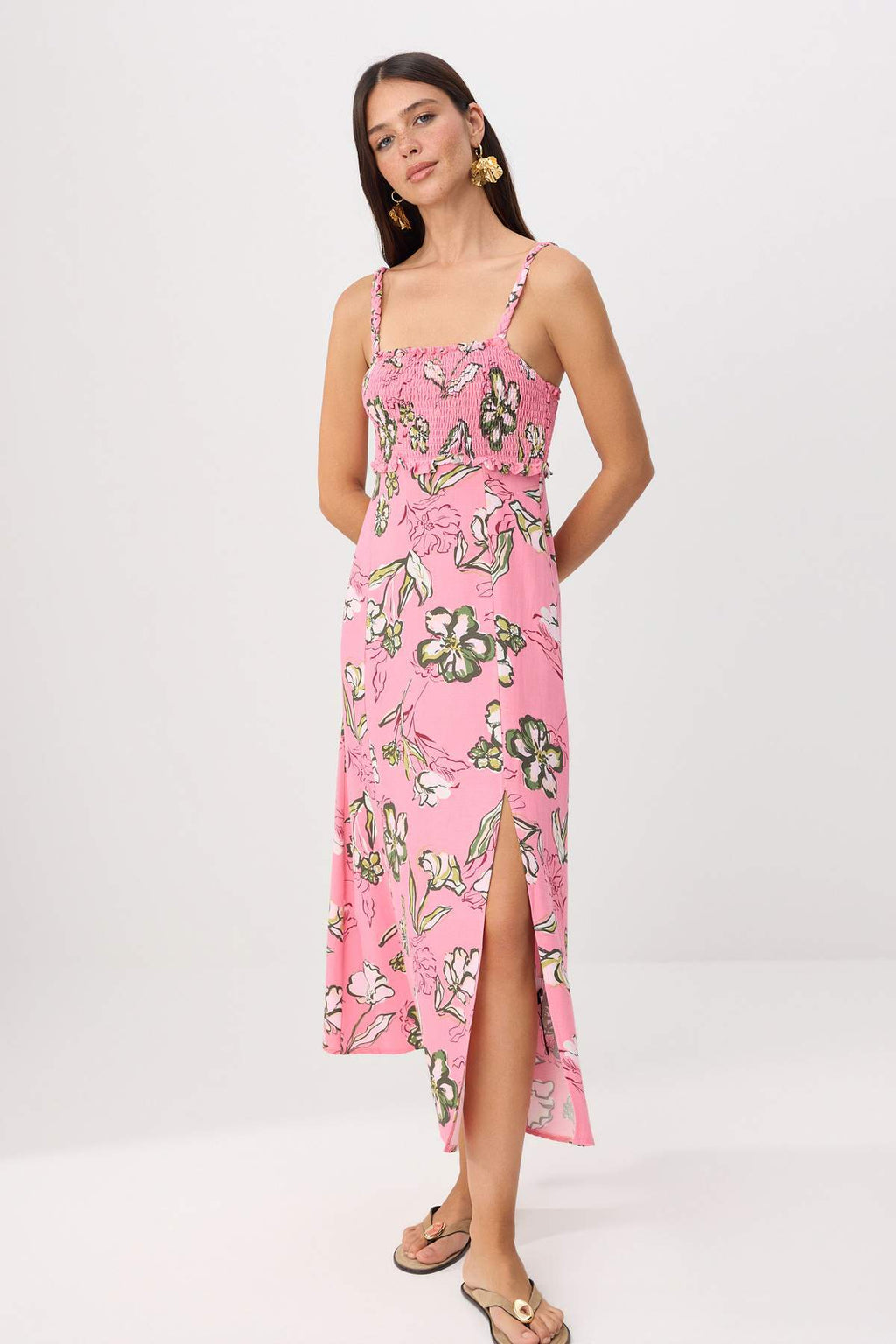 Square Neck Thin Strap Slit Midi Dress