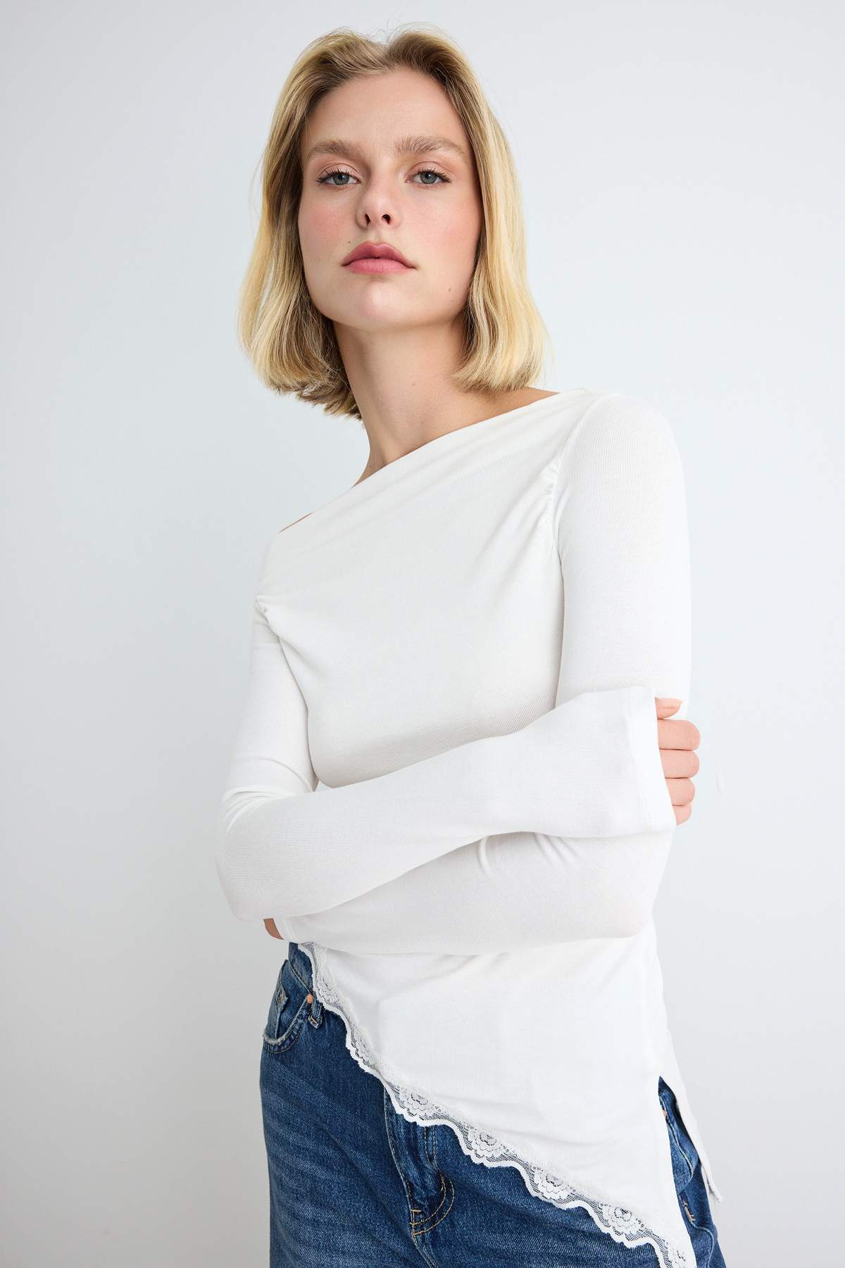 Fitted Boat Neck Long Sleeve Lace Detail Ribbed Blouse