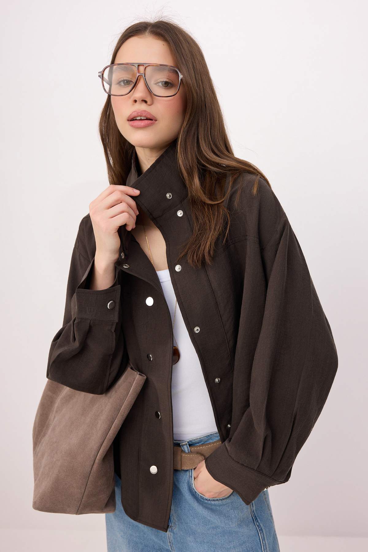 Lyocell Snap Button Oversized Shirt Jacket