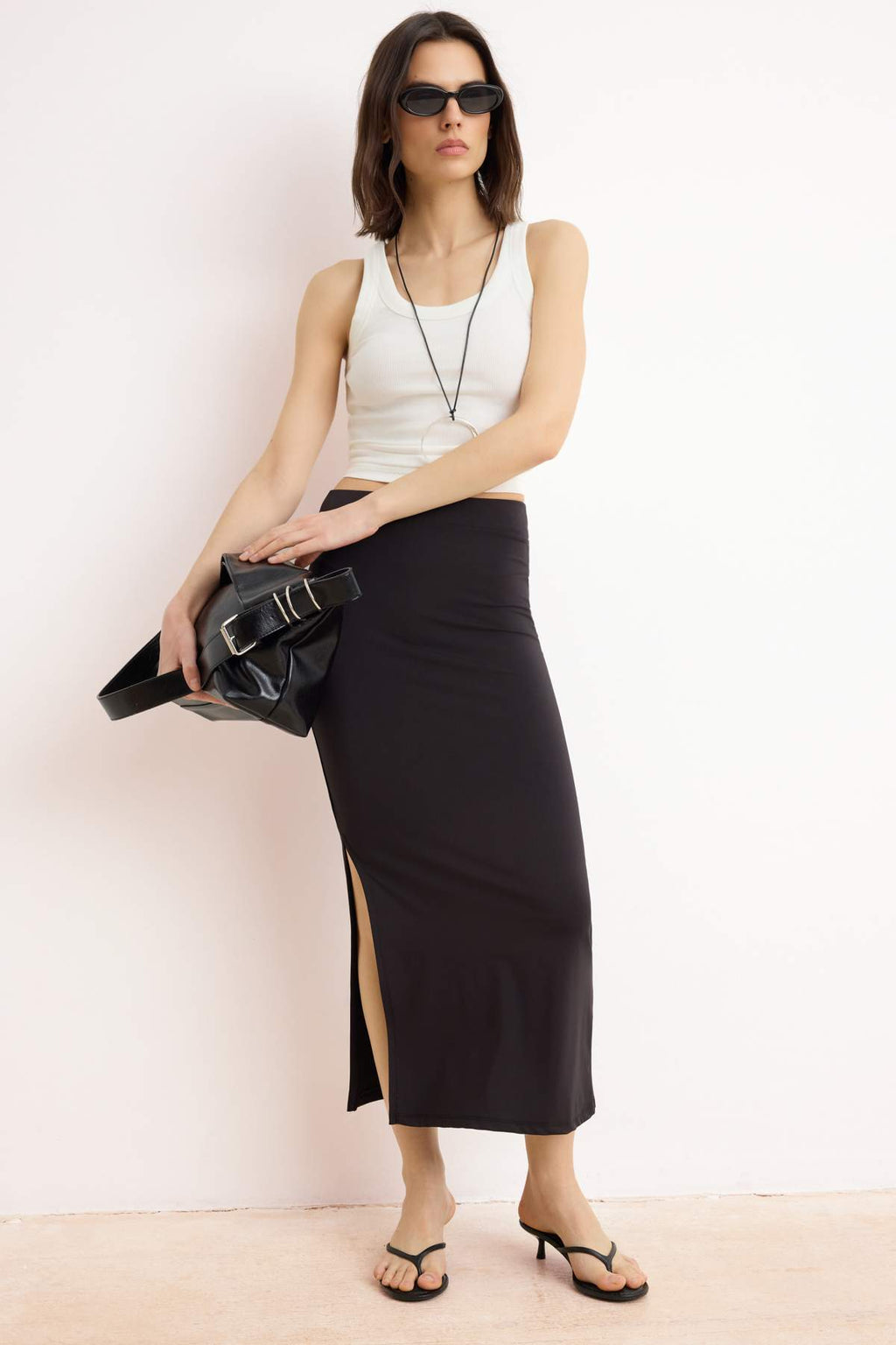 High Waist Slit Detail Bodycon Midi Skirt