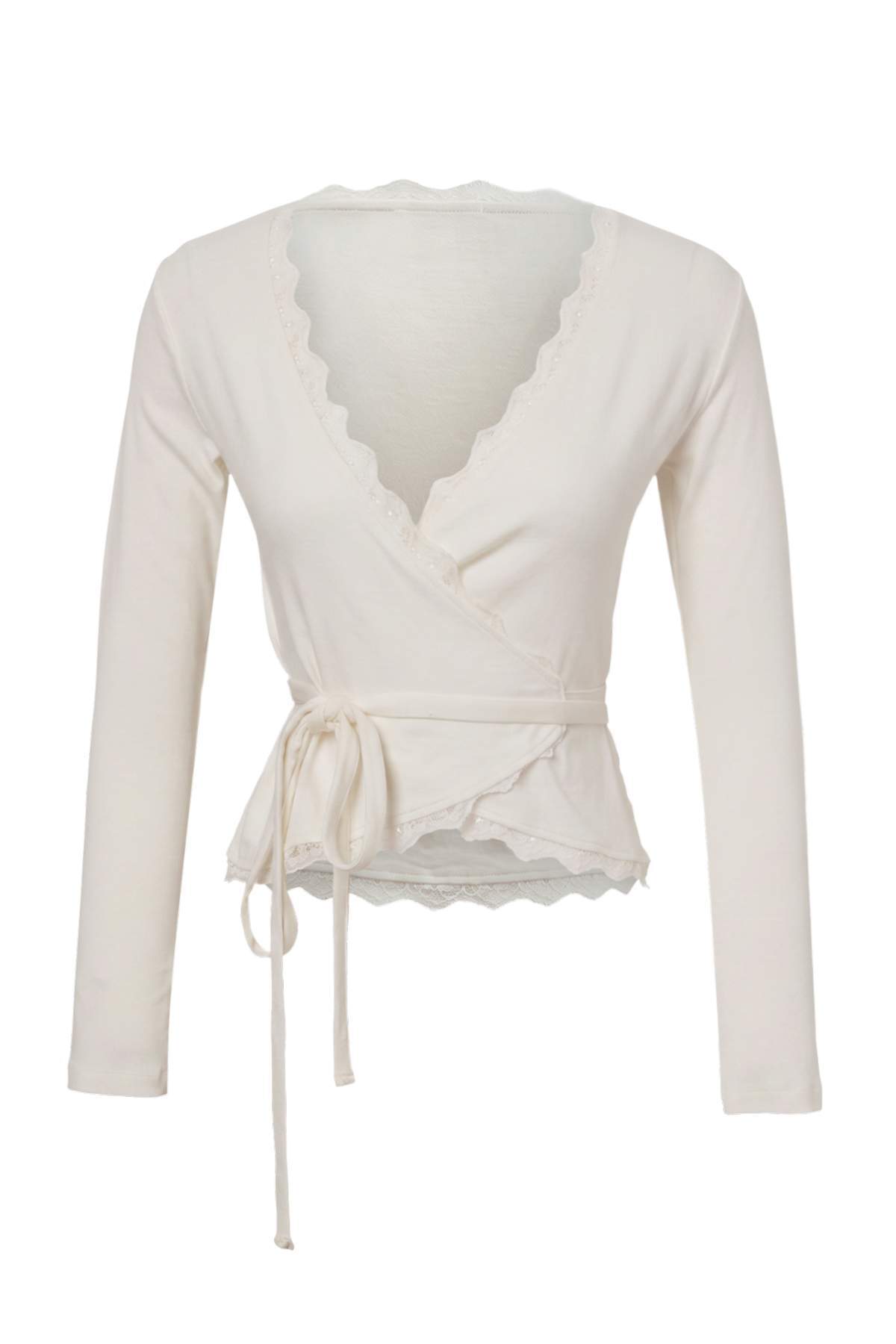 Fitted Wrap Neckline Long Sleeve Lace Detail Crop Blouse