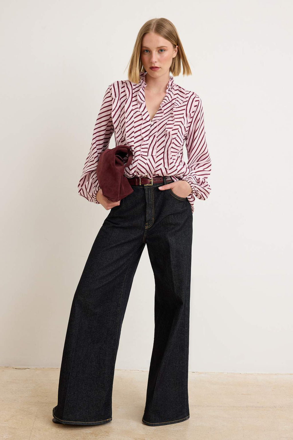 V Neck Long Sleeve Frill Detail Woven Shirt