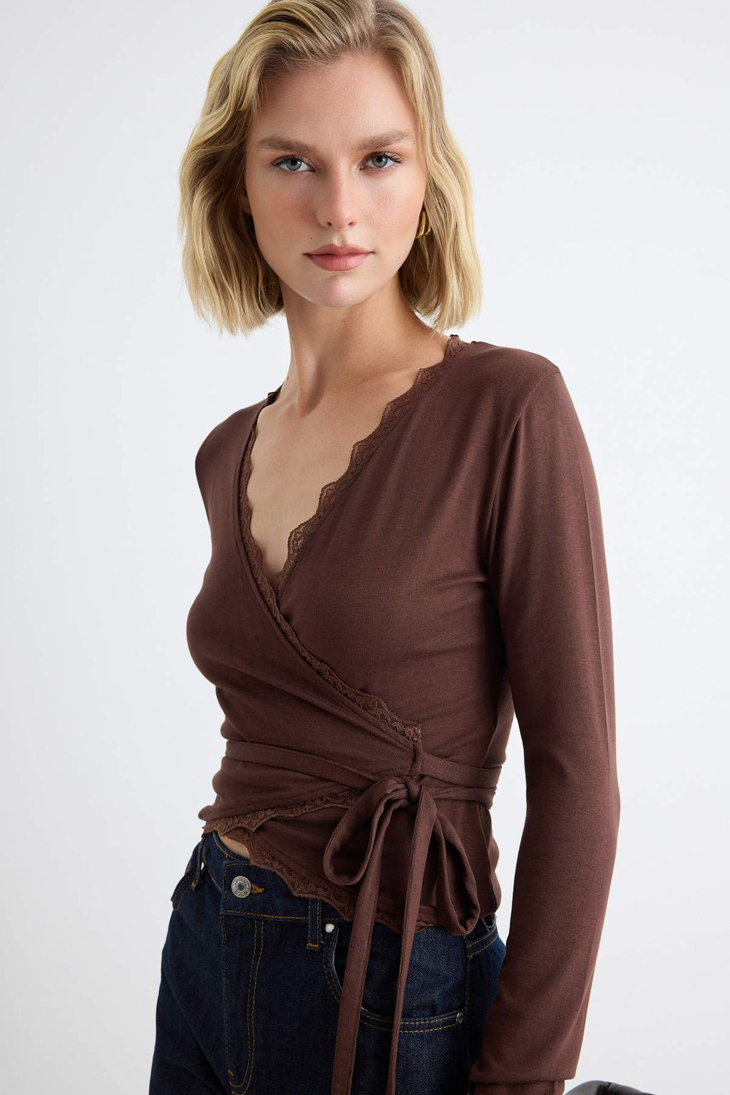 Fitted Wrap Neckline Long Sleeve Lace Detail Crop Blouse