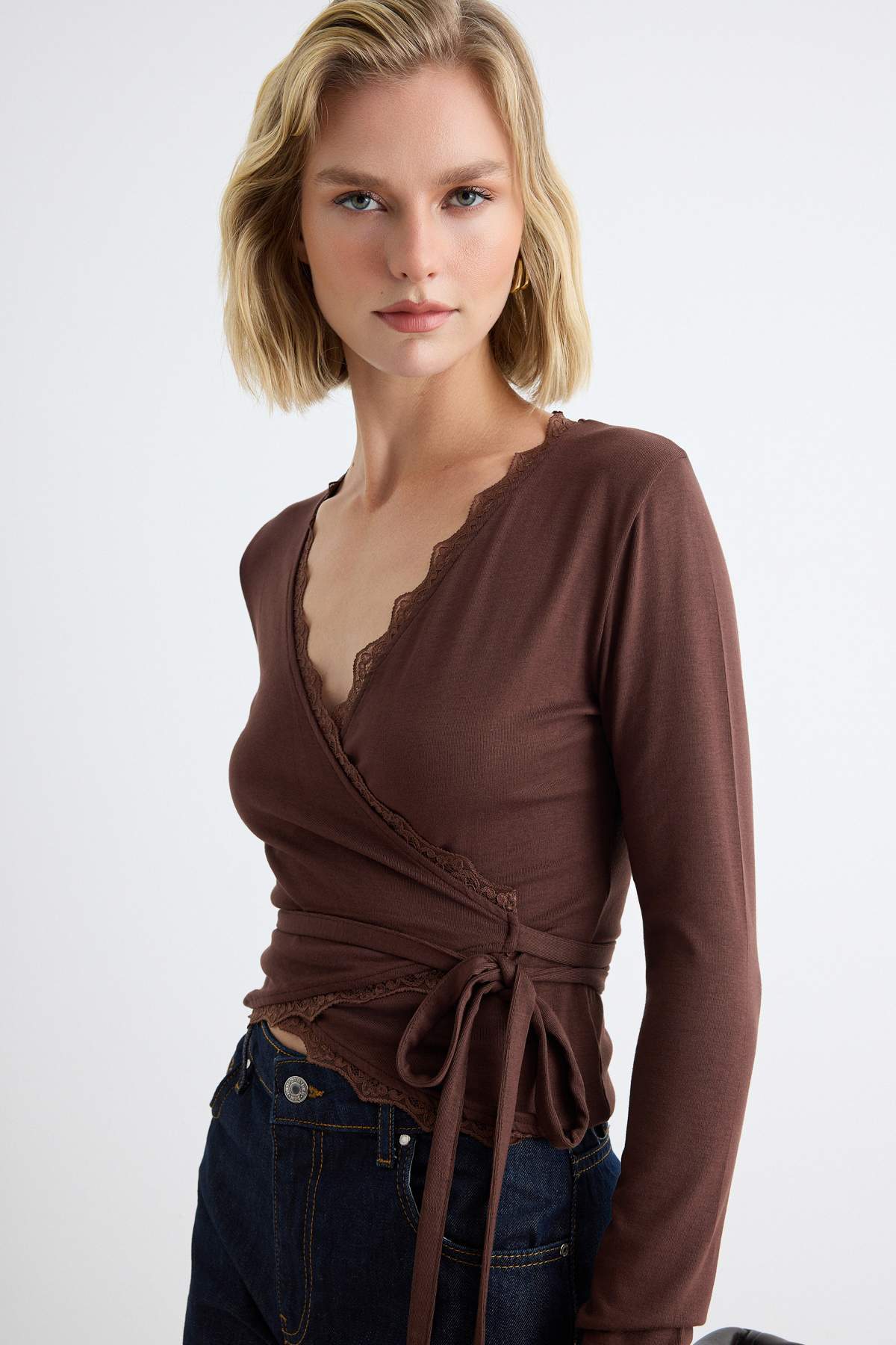 Fitted Wrap Neckline Long Sleeve Lace Detail Crop Blouse