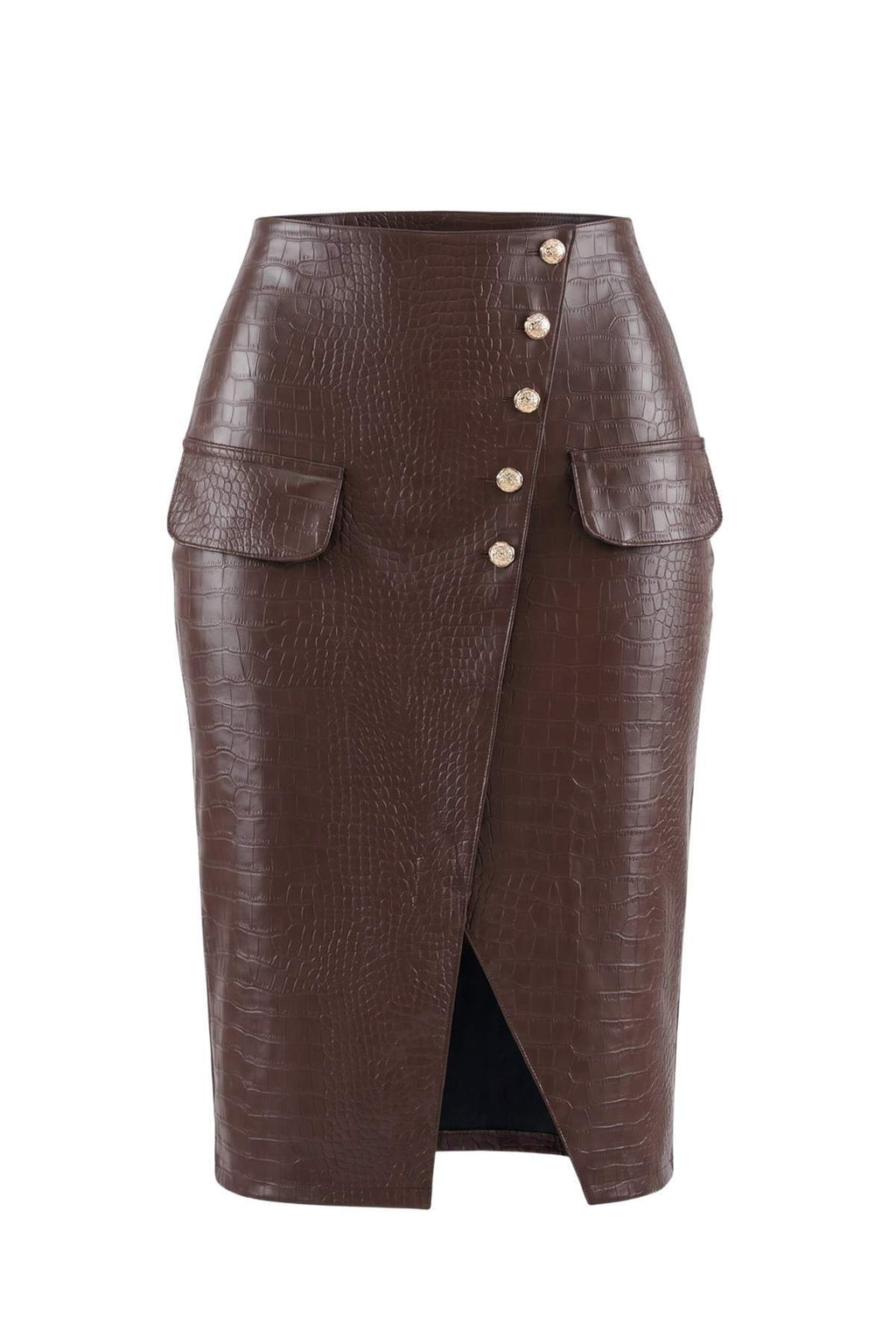 Pocket Detail Button Front Midi Pencil Skirt