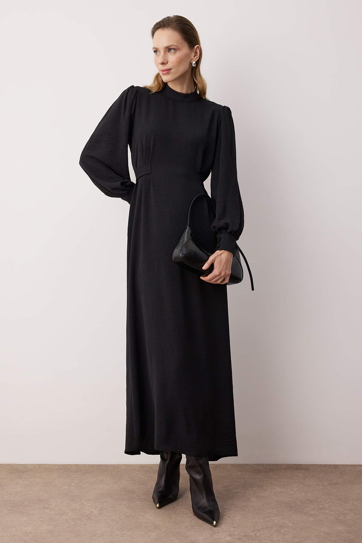 Stand Collar Balloon Sleeve Back Tie Detail Midi Dress
