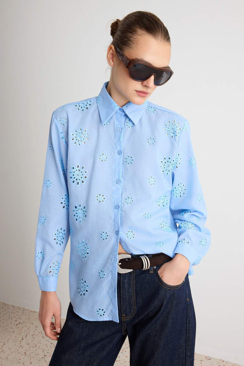 Oversize Wide Fit Embroidered Long Sleeve Shirt