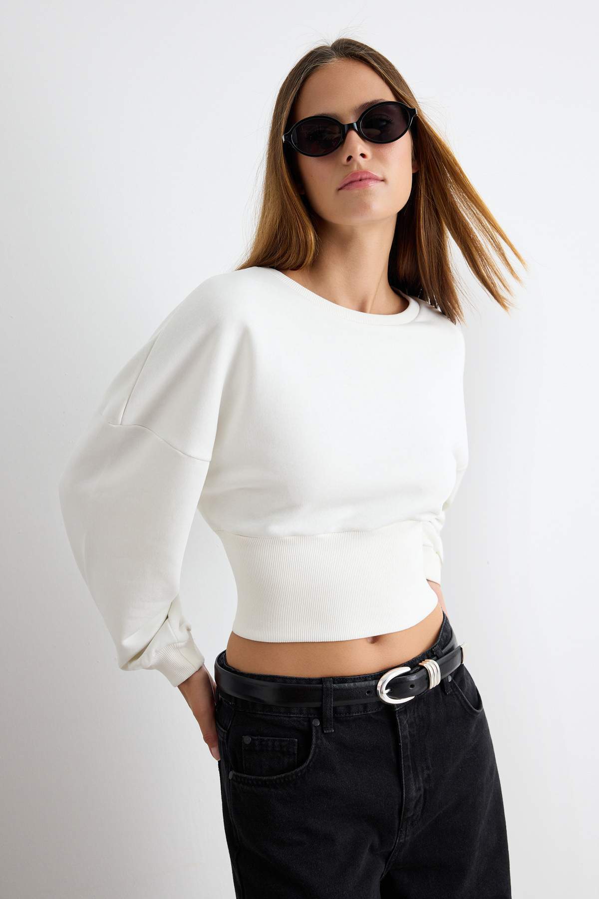 Crew Neck Long Sleeve Regular Fit Crop Sweatshirt