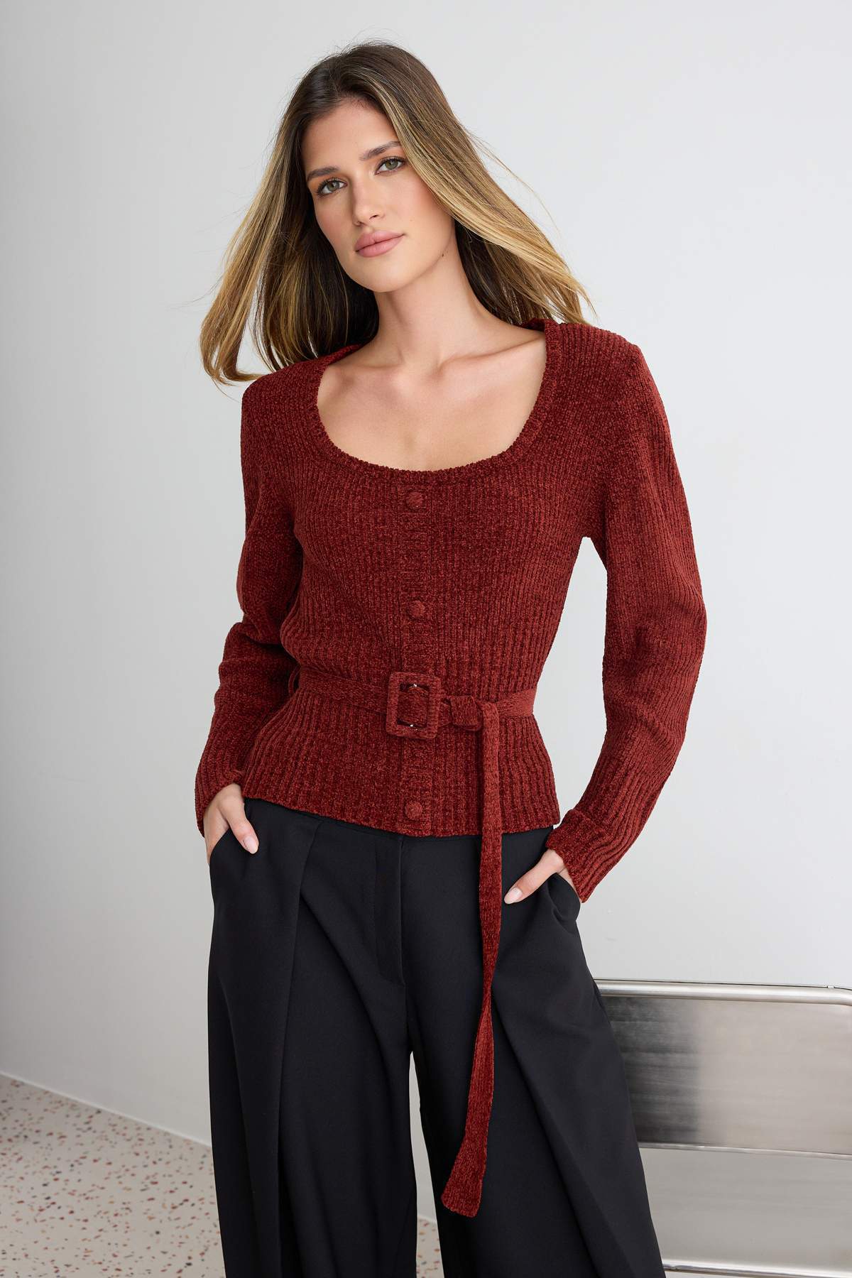 Chenille Long Sleeve Belted Knitted Sweater