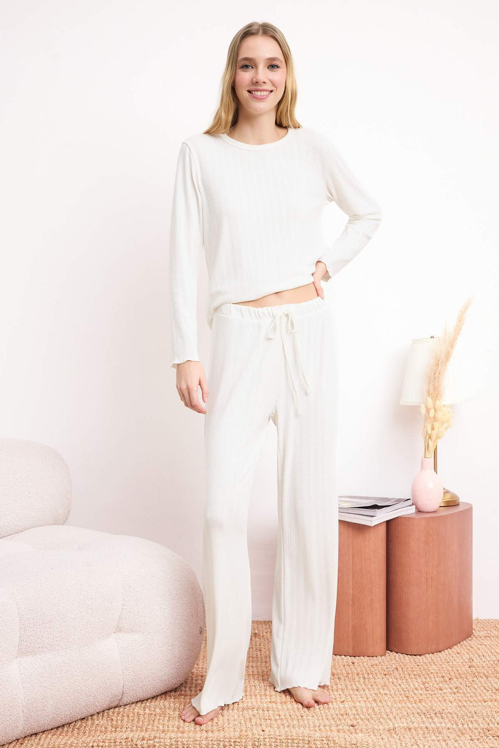 Long Sleeve Ribbed Pointel Pyjama Set