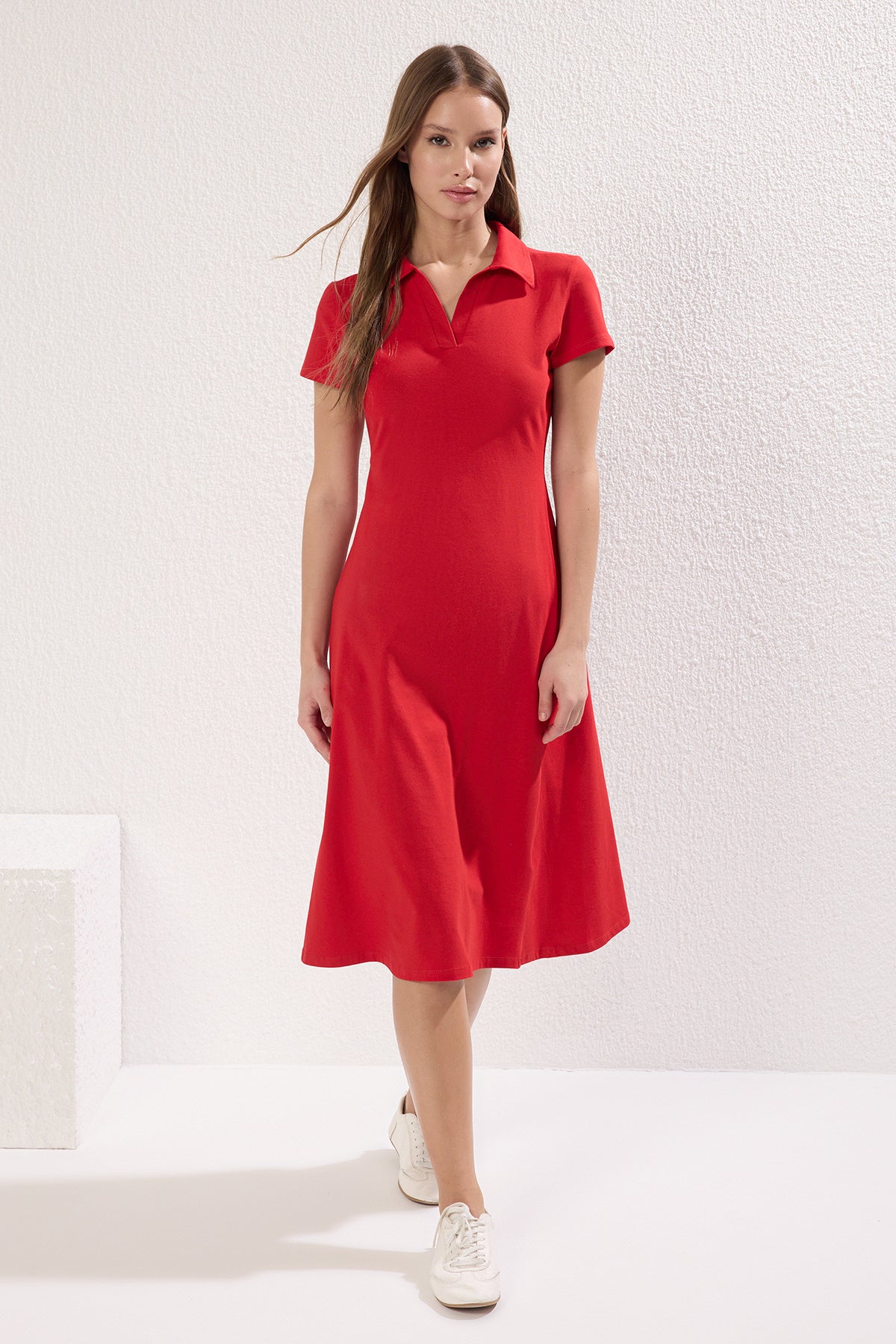 Polo Neck Short Sleeve Skater Midi Dress