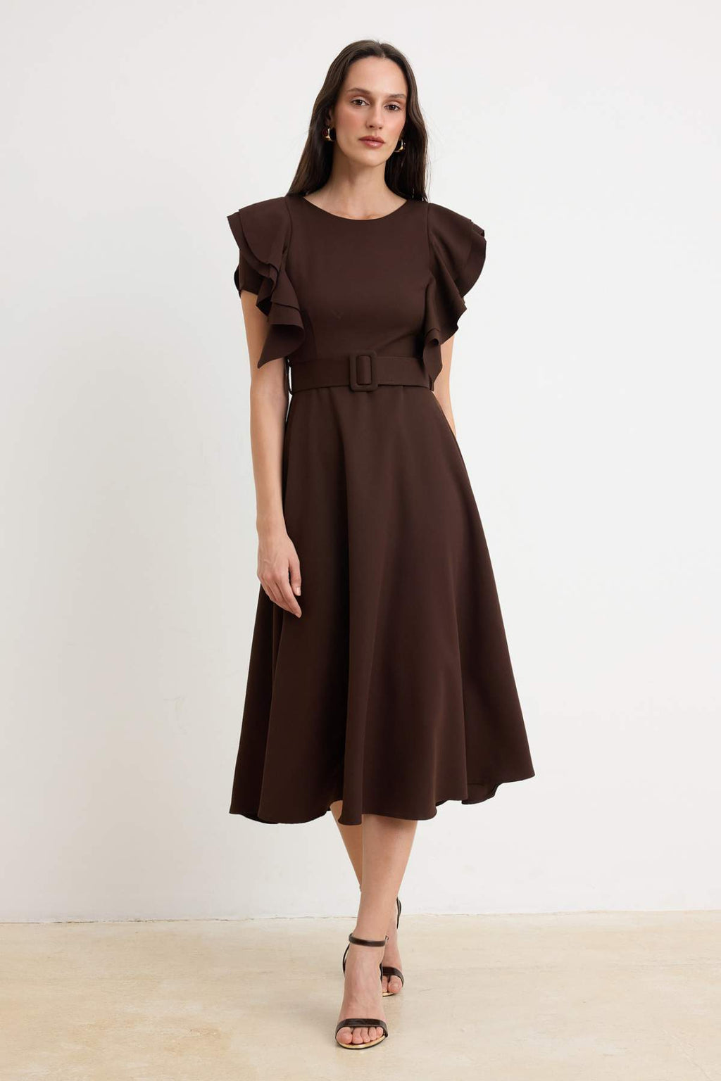 Belted Balloon Sleeve Midi Skater Dress