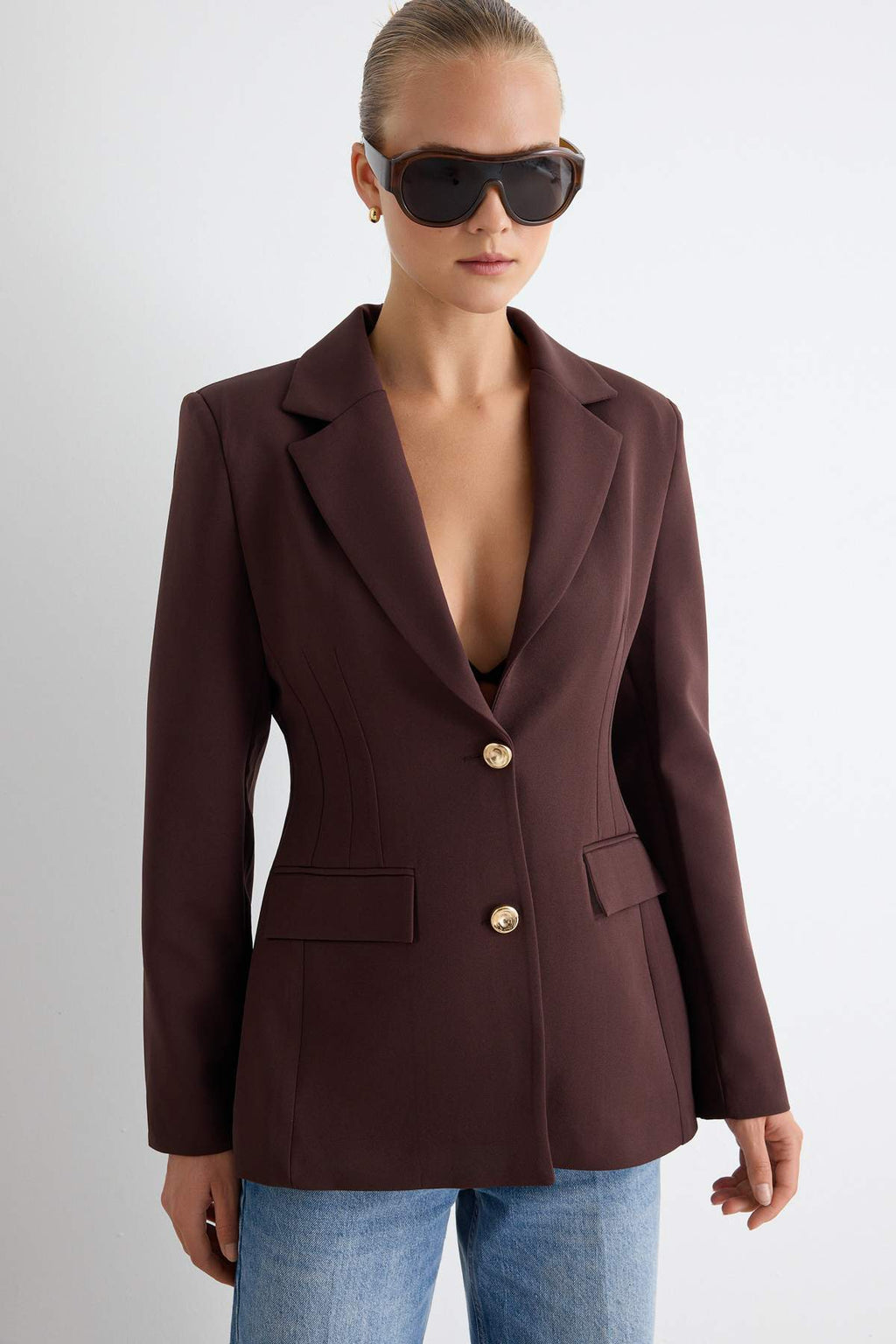 Gold Button Fitted Blazer Jacket