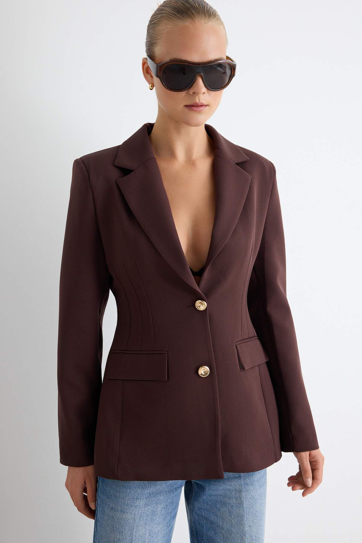 Gold Button Fitted Blazer Jacket