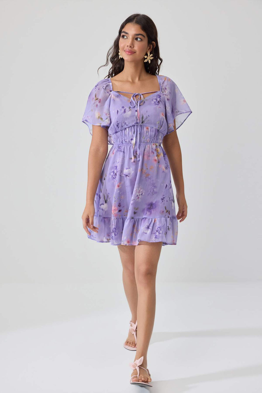Heart Neck Angel Sleeve A-Line Mini Dress