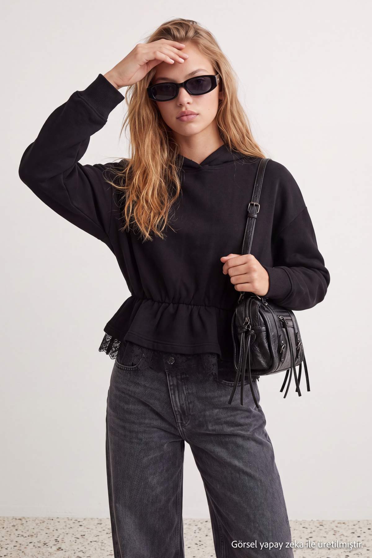 Peplum Lace Detail Hooded Long Sleeve Knit Sweatshirt