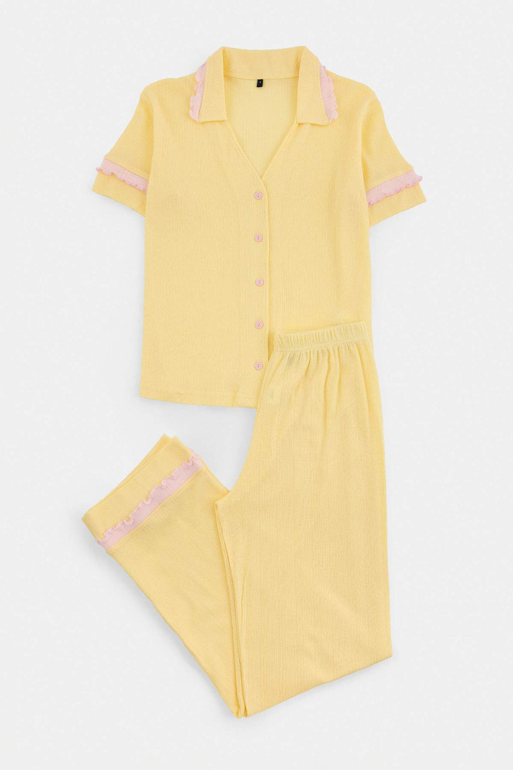 Shirt Collar Long Sleeve Frill Detail Pyjama Set