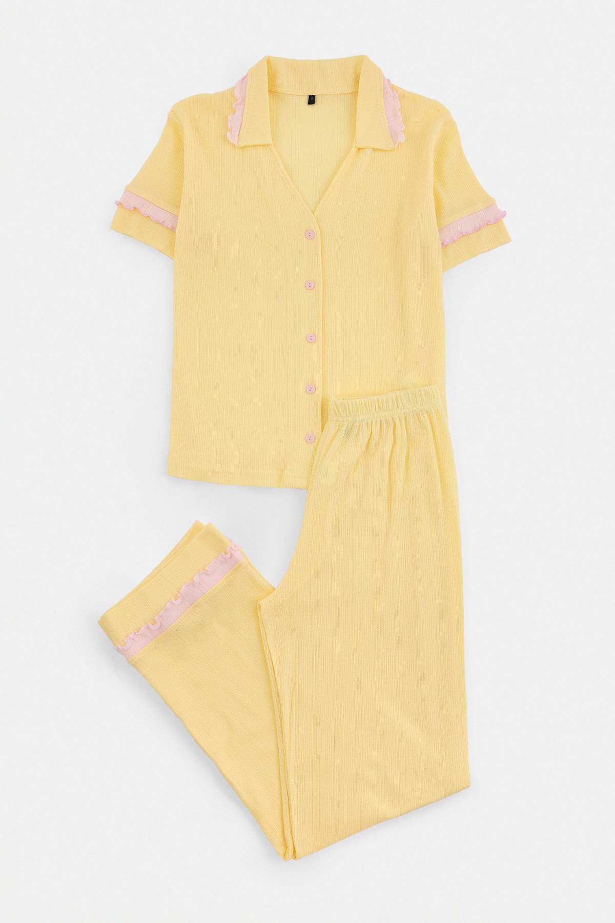 Shirt Collar Long Sleeve Frill Detail Pyjama Set