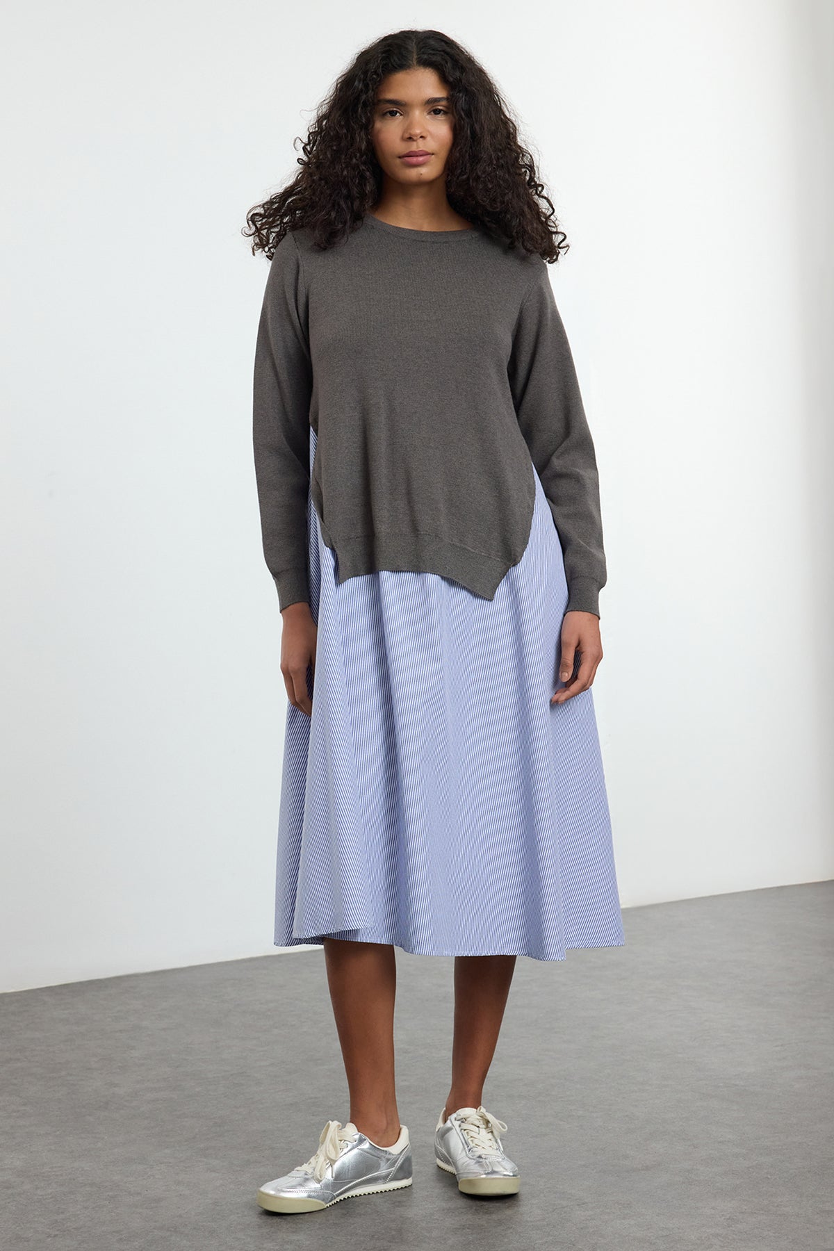 Knit Trim Shift Midi Dress