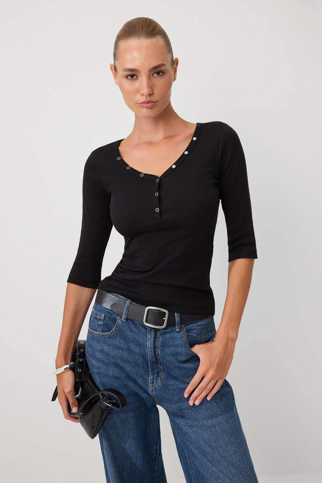 Fitted V Neck Button Front Ribbed Long Sleeve Blouse