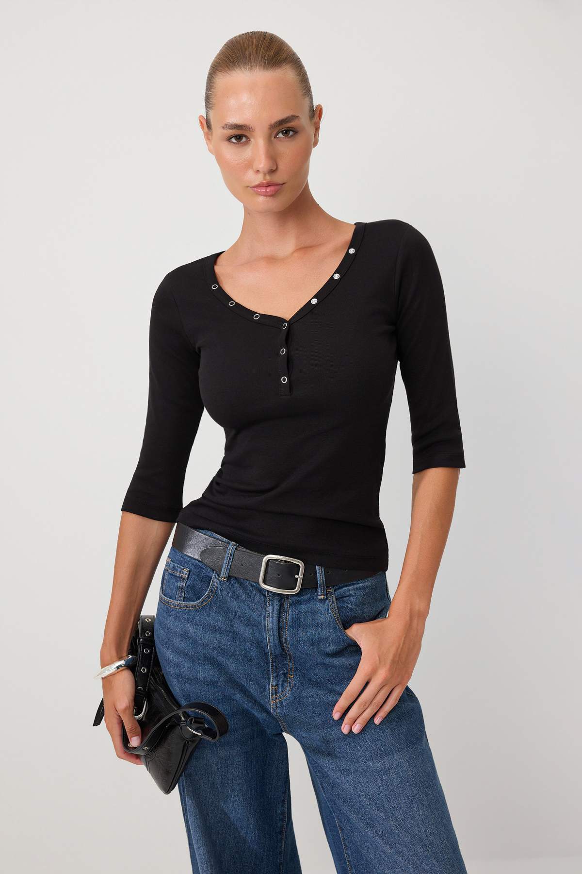 Fitted V Neck Button Front Ribbed Long Sleeve Blouse