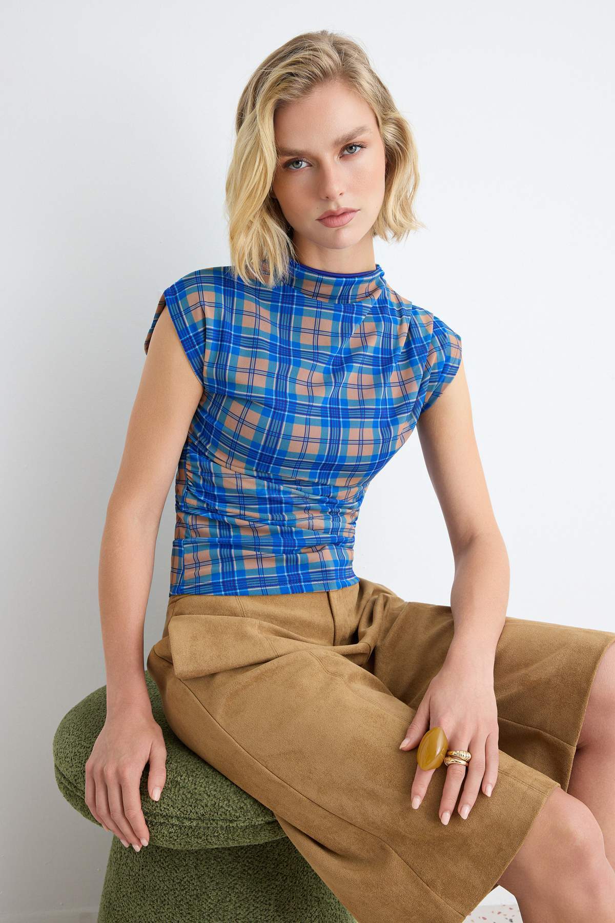 High Neck Sleeveless Fitted Mesh Blouse