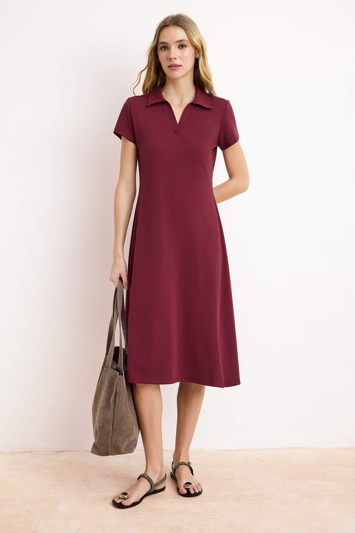 Polo Neck Short Sleeve Skater Midi Dress