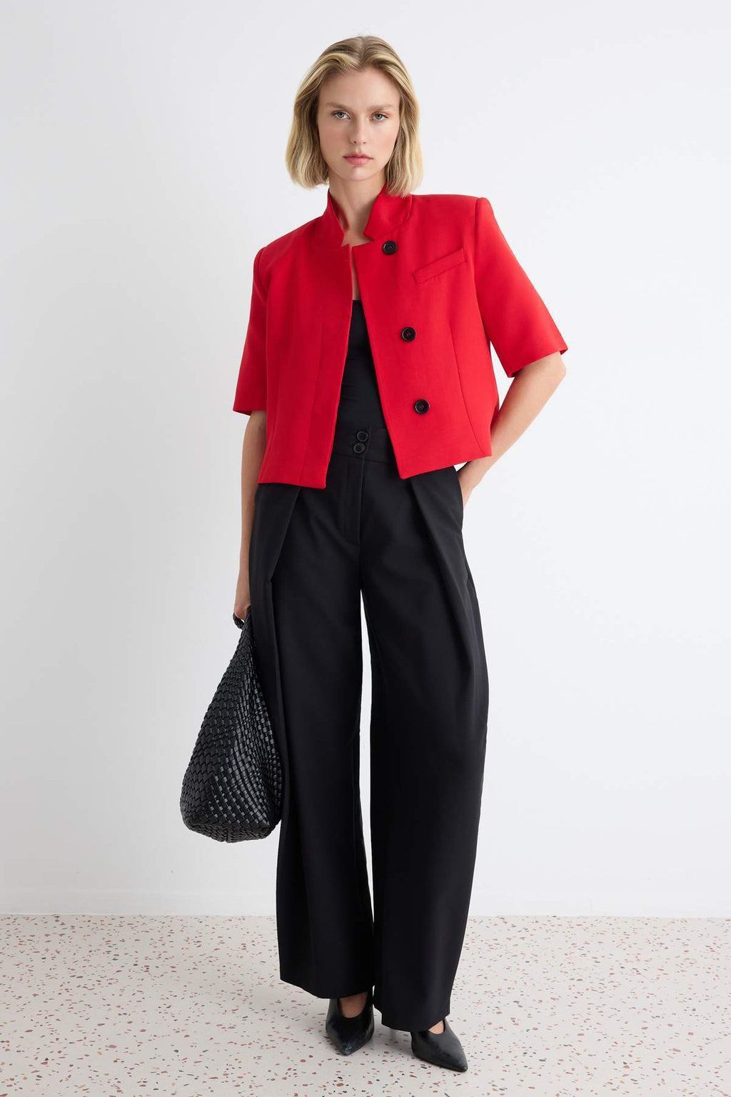 High Neck Short Sleeve Fitted Blazer Jacket