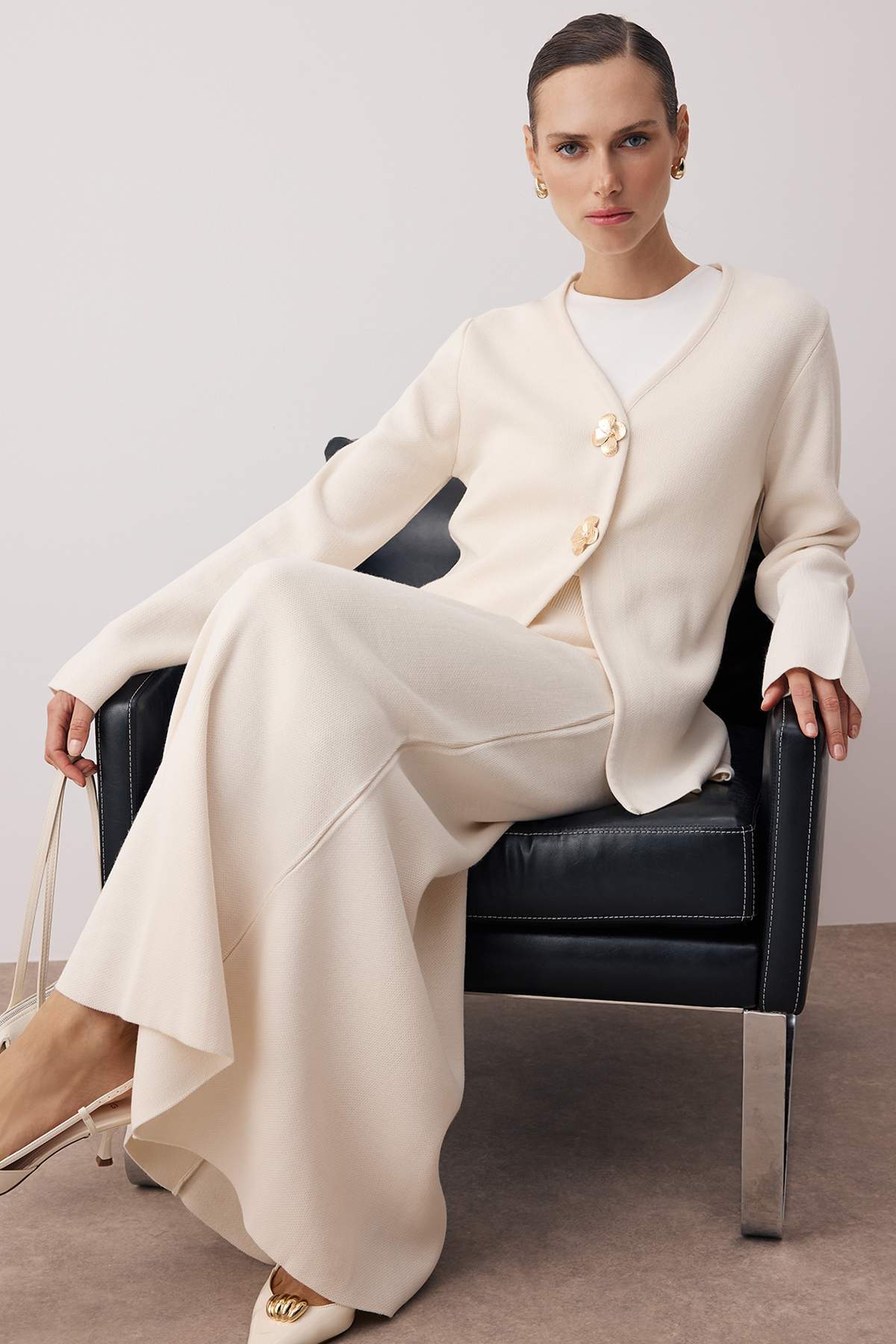 2-Piece Gold Button Detail V Neck Knitted Cardigan and Skirt Co-ord