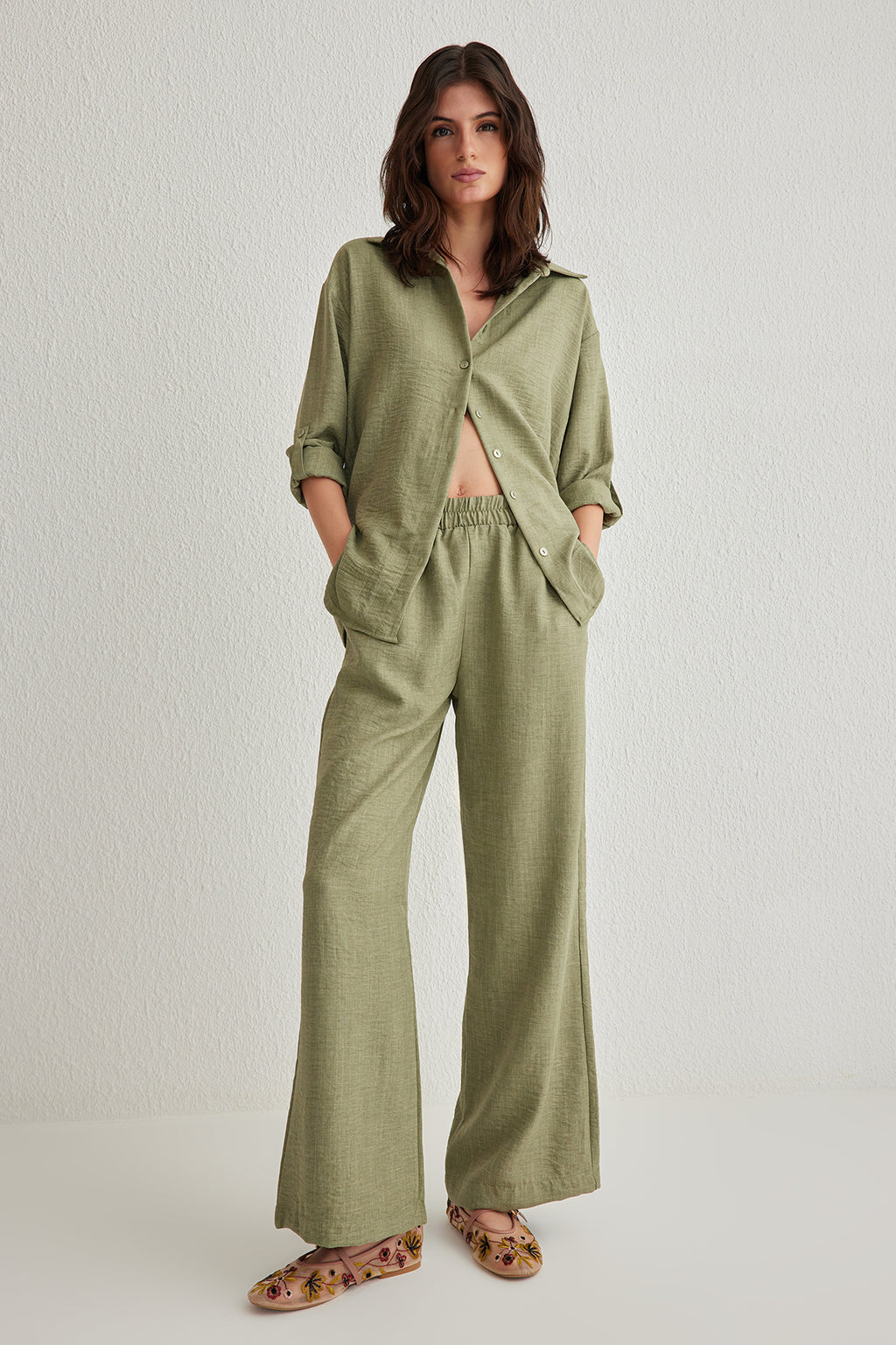 2-Piece Shirt Collar Short Sleeve Wide Leg Trouser Co-ord Set