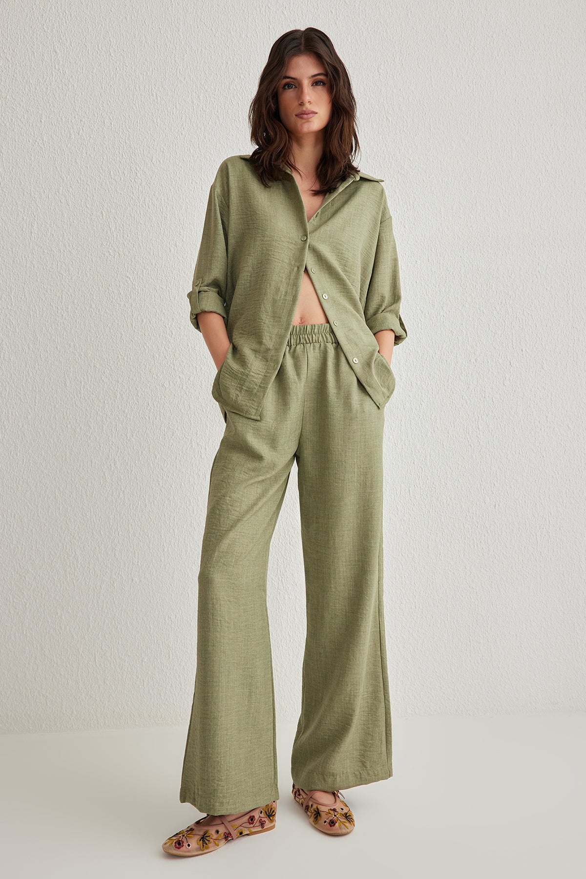 2-Piece Shirt Collar Short Sleeve Wide Leg Trouser Co-ord Set