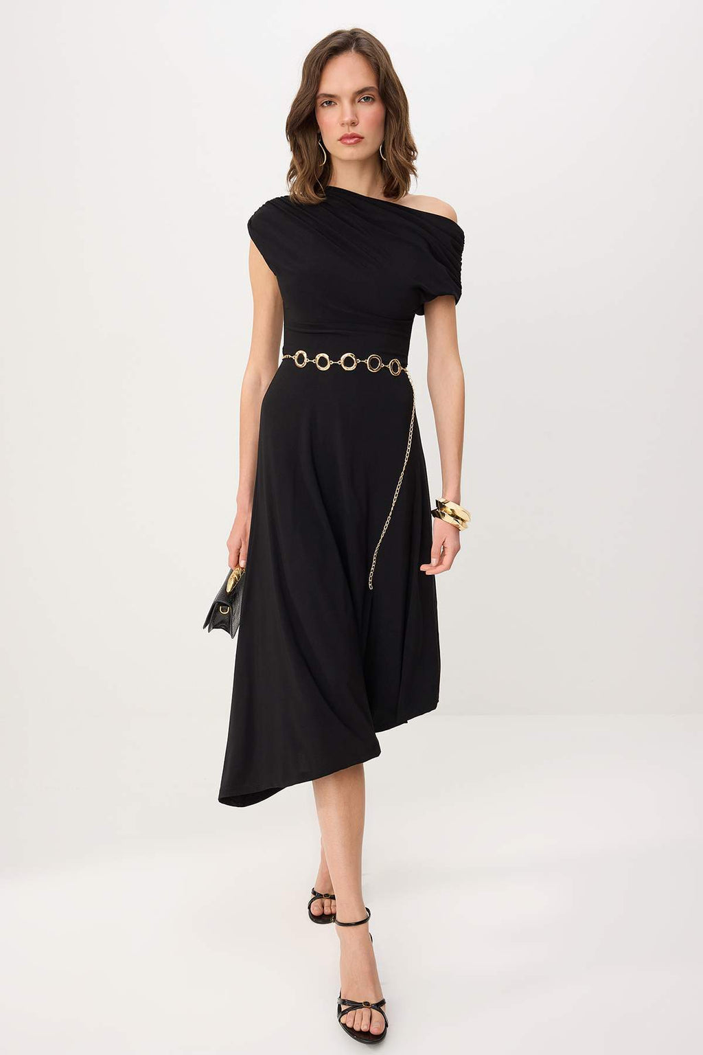 Off Shoulder Ruched Sleeve Chain Belt Midi Party Dress