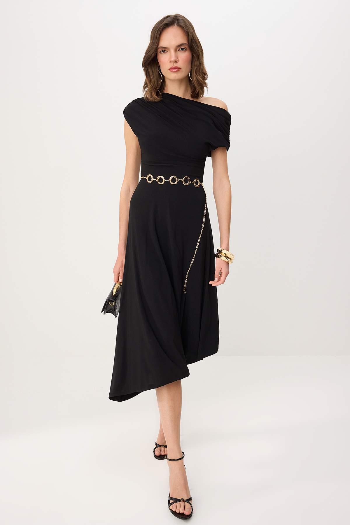 Off Shoulder Ruched Sleeve Chain Belt Midi Party Dress