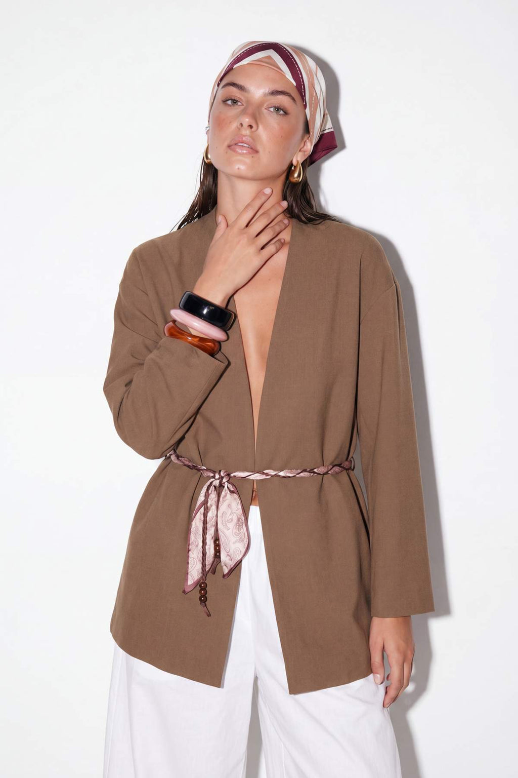 Collarless Belted Relaxed Fit Long Sleeve Jacket