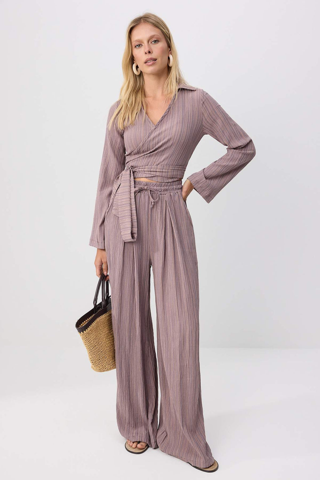 2-Piece Crossover Blouse Relaxed Fit Trouser Co-ord Set