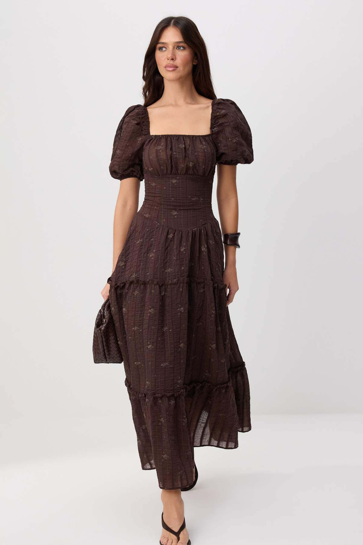 Square Neck Short Sleeve Embroidered Maxi Skater Dress
