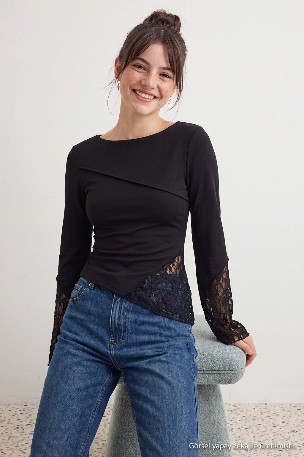 Boat Neck Spanish Sleeve Lace Detail Fitted Blouse